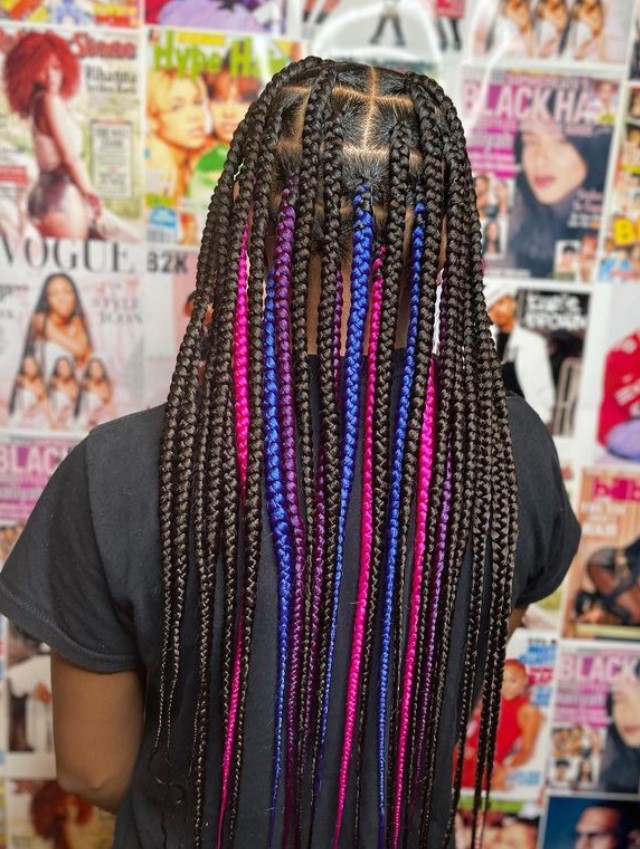 blue, pink, and purple peekaboo braids