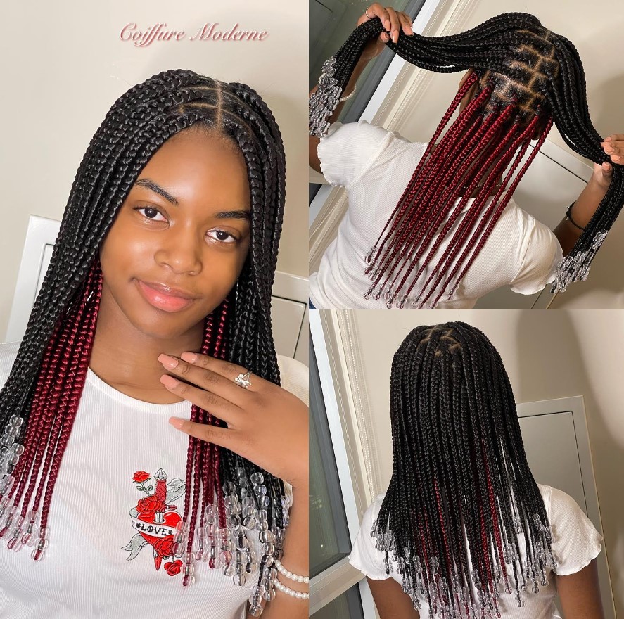 Burgandy peekaboo braids with beads