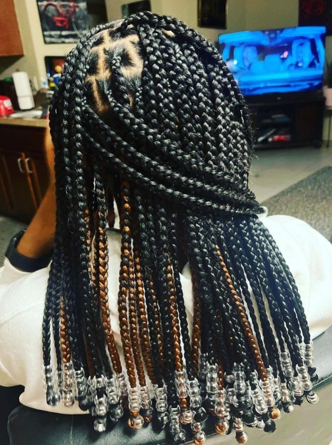 Brown peekaboo braids with beads