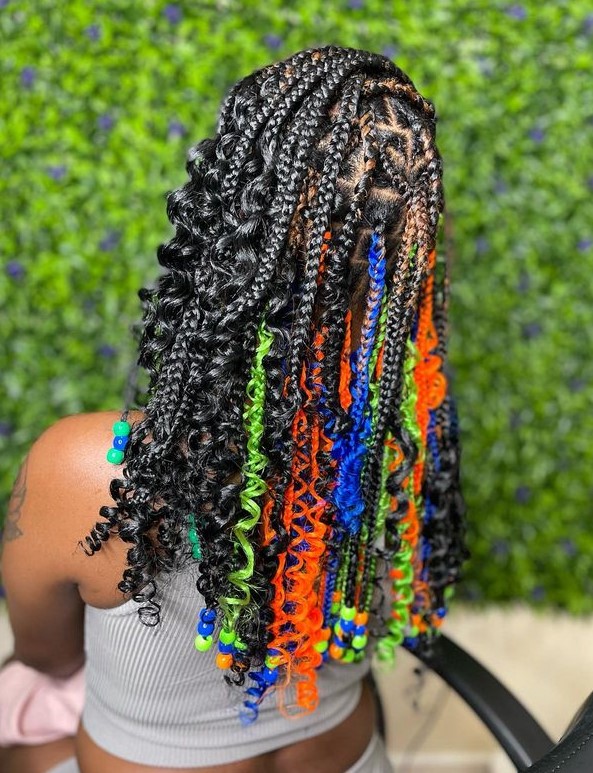 multicolored Peekaboo braids with curly ends